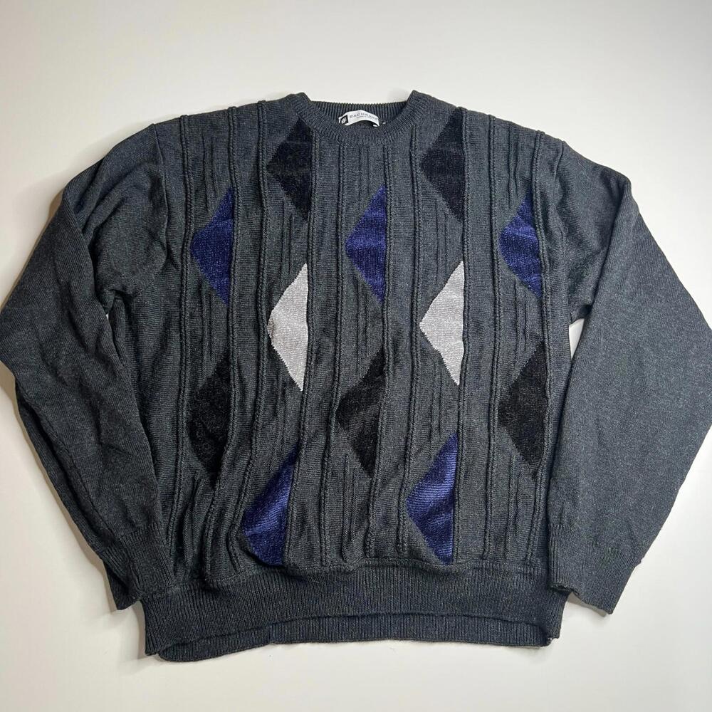 Vtg Bachrach Italy Argyle Sweater XL Merino Wool Blend 50/50 Gray Diamond Knit‎